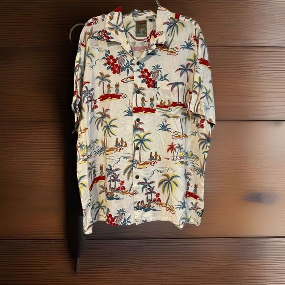 Vintage Pineapple Connection Hawaiian L Button Up SS Shirt Hula Island Palm Tree - Picture 1 of 6